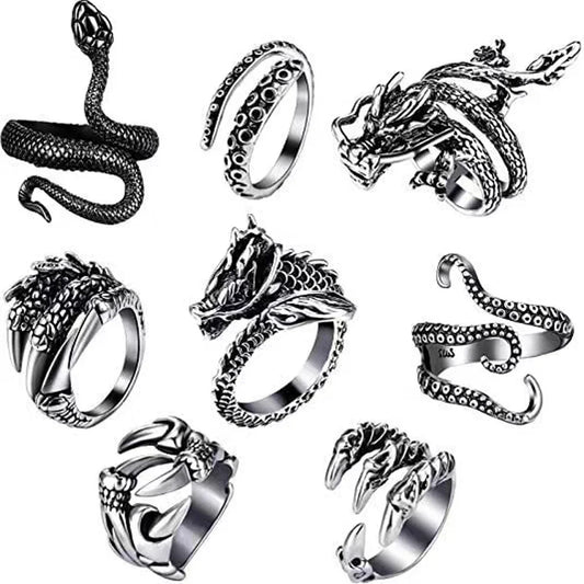 8 Pieces/Set Vintage Animal Open Rings โ Dragon, Snake, Octopus & Eagle Claw Punk Accessories for Men