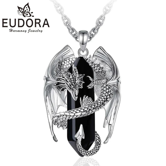 Eudora Dragon Twining Hexagonal Obsidian Necklace – Punk Crystal Pendant & Healing Stone Jewelry Gift for Men