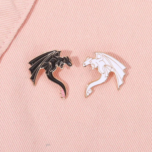 Monster Dragon Enamel Pins – Custom Black & White Western Dragon Brooches with Funny Puns